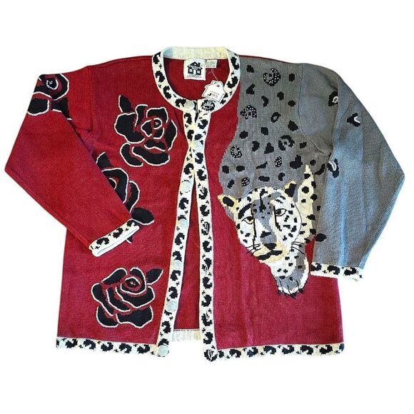 VTG Storybook Knits Safari Leopard Floral Cottagecore Cardigan Large NWT RARE - Picture 10 of 15